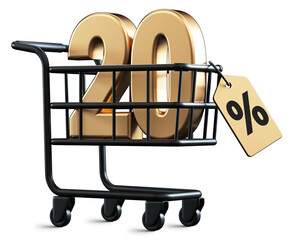 Shopping cart with 20 percent discount 3D rendering number isolated with transparent background