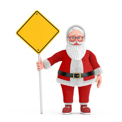 Poster - Cartoon Cheerful Santa Claus Granpa and Yellow Road Sign with Free Space for Yours Design. 3d Rendering