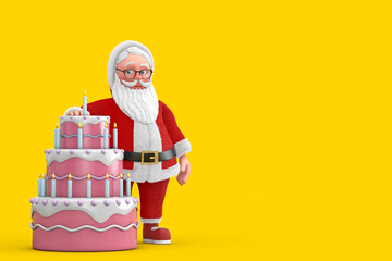 Poster - Cartoon Cheerful Santa Claus Granpa with Birthday Cartoon Dessert Tiered Cake and Candles. 3d Rendering