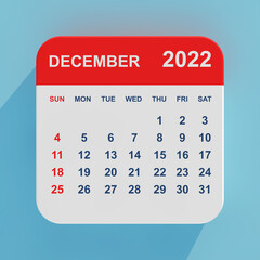 Fototapete - Flat Icon Calendar December 2022. 3d Rendering