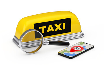 Fototapete -  Search Magnifying Glass Loupe Tool Instrument, Yellow Taxi Car Roof Sign and Mobile Phone. 3d Rendering