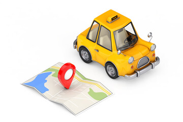 Poster - Yellow Cartoon Taxi Car near Folded Abstract Navigation Map with Target Map Pointer Pin. 3d Rendering
