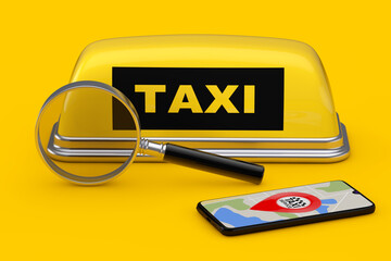 Poster -  Search Magnifying Glass Loupe Tool Instrument, Yellow Taxi Car Roof Sign and Mobile Phone. 3d Rendering