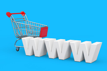 Poster - Shopping Cart Trolley near WWW White Sign. 3d Rendering