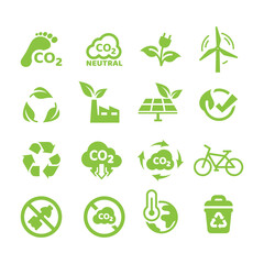 Zero emissions, carbon footprint vector icon set. Ecology, environment symbols and icons