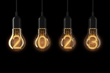 Light Bulbs Illuminated 2023 New Year. 3d Rendering