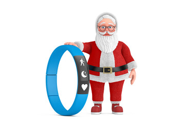 Aufkleber - Cartoon Cheerful Santa Claus Granpa with Blue Fitness Tracker. 3d Rendering