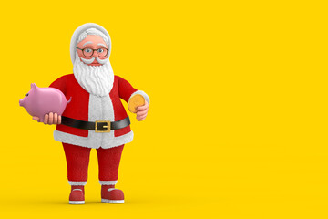 Poster - Cartoon Cheerful Santa Claus Granpa with Piggy Bank and Golden Dollar Coin. 3d Rendering