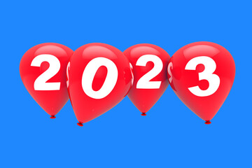 Poster - New Year Concept. Red Christmas Balloons with 2023 Sign. 3d Rendering