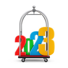 Poster - Colored 2023 New Year Sign over Silver Chrome Luxury Hotel Luggage Trolley Cart. 3d Rendering
