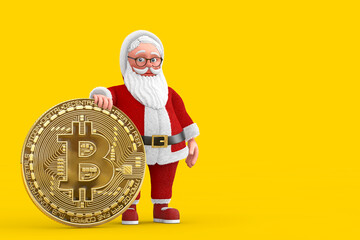 Poster - Cartoon Cheerful Santa Claus Granpa with Digital and Cryptocurrency Golden Bitcoin Coin. 3d Rendering