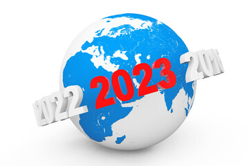 Poster - New Year Concept. 3d number 2023 around Earth Globe. 3d Rendering