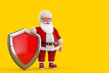 Poster - Cartoon Cheerful Santa Claus Granpa with Red Metal Protection Shield. 3d Rendering