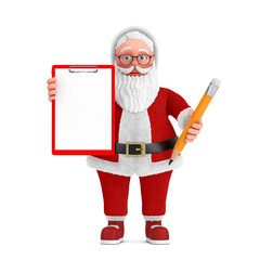 Poster - Cartoon Cheerful Santa Claus Granpa with Red Plastic Clipboard, Paper and Pencil. 3d Rendering