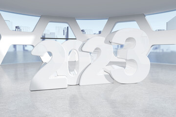 Aufkleber - White New 2023 Year Sign in Abstract Bright Office Meeting Room. 3d Rendering