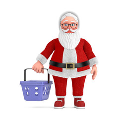 Poster - Cartoon Cheerful Santa Claus Granpa with Cartoon Shopping Basket. 3d Rendering