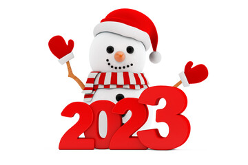 Poster - Snowman in Santa Claus Hat Character Mascot with New Year 2023 Sign. 3d Rendering