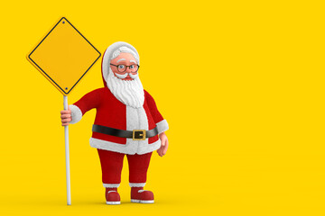 Poster - Cartoon Cheerful Santa Claus Granpa and Yellow Road Sign with Free Space for Yours Design. 3d Rendering