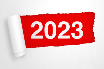 Poster - 2023 New Year Sign in the Hole of Torn White Paper. 3d Rendering