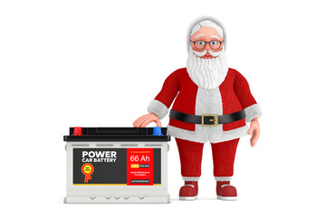Aufkleber - Cartoon Cheerful Santa Claus Granpa and Rechargeable Car Battery 12V Accumulator with Abstract Label. 3d Rendering