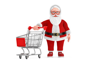 Poster - Cartoon Cheerful Santa Claus Granpa with Shopping Cart Trolley. 3d Rendering