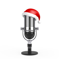 Poster - Vintage Microphone with Santa Claus Red Hat. 3d Rendering