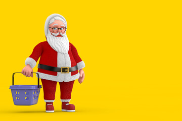 Poster - Cartoon Cheerful Santa Claus Granpa with Cartoon Shopping Basket. 3d Rendering