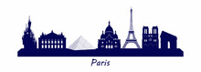 Famous Paris Landmarks And Historical Buildings. Panoramic View Of Paris, City Silhouette. Eiffel Tower, Louvre, Sacred Heart, Notre-Dame De Paris, Arc De Triomphe, Palais Garnier, Disneyland.