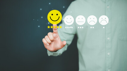 Poster - Man touching the virtual screen on the happy smiley face icon to give satisfaction in service. Rating very impressed. Customer service, testimonial and satisfaction concept.