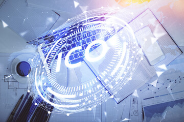 Aufkleber - Blockchain theme hologram drawings over computer on the desktop background. Top view. Multi exposure. Concept of cryptoeconomy.