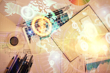 Aufkleber - Multi exposure of forex chart drawing over table background with computer. Concept of financial research and analysis. Top view.