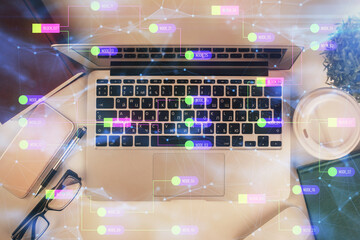 Poster - Double exposure of data theme drawing hologram over topview work table background with computer. Concept of technology.
