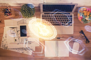 Aufkleber - Blockchain theme hologram drawings over computer on the desktop background. Top view. Double exposure.