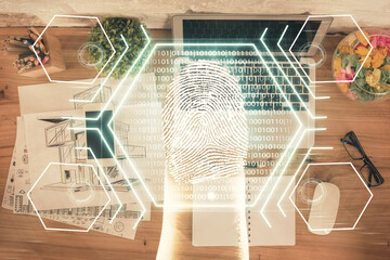 Aufkleber - Finger print over computer on the desktop background. Top view. Double exposure. Concept of securitization.