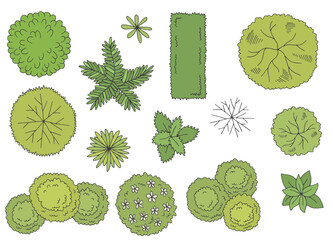 Landscape architect design element set graphic color top sketch aerial view illustration vector 