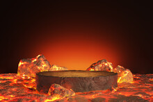 Podium Lava Rocks Smelt, Volcano Hot Magma Ground , Burning Coals Planet On Black And Dark Background. Light Shadow Platform Product Display Advertisement Stand Stone In Underworld. 3D Illustration.