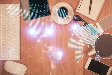 Poster - Double exposure of social network theme drawing over table with phone. Top view. People connecting concept.