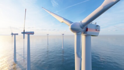 Windmill farm on the sea 3d render.