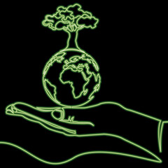 Wall Mural - Continuous line drawing Hands holding planet Earth Caring for environment ecology icon neon concept