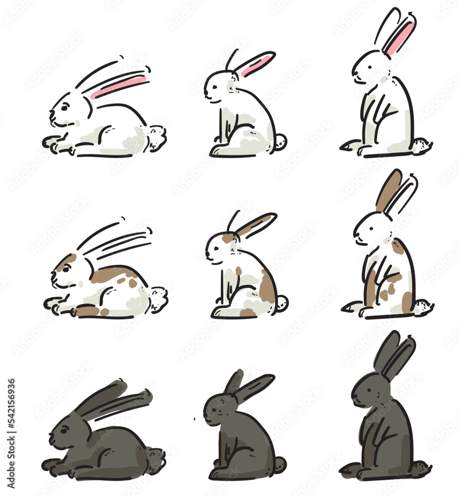 three various colors drawing of different types of rabbits laying ...