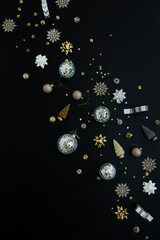 Wall Mural - Elegant luxury Christmas composition. Gold Christmas tree decorations: baubles, balls, stars, ribbons. Flat lay, top view holiday concept