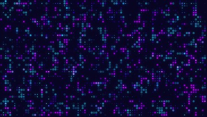 Abstract digital grid motion background loop, purple and blue neon circles in a pixel pattern, 2D animation seamless looping