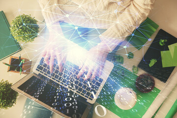 Aufkleber - Double exposure of woman hands working on computer and data theme hologram drawing. Top View. Technology concept.