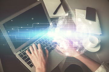 Aufkleber - Double exposure of woman hands typing on computer and social network theme hologram drawing. People media concept.
