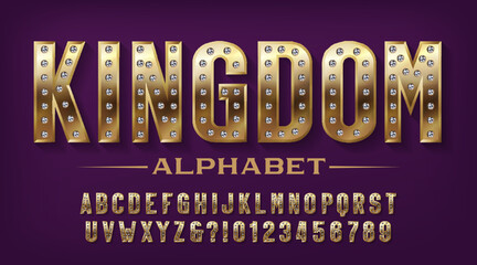 Kingdom alphabet font. Golden metal letters and numbers with diamonds. Stock vector typeface for your design.