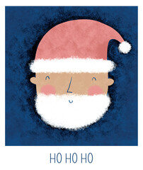 Cute Winter Holidays Vector Illustration with Happy Santa Claus on a Grunge Dark Blue Background and White Frame. Hand Drawn Christmas Print with Santa in a Red Woolen Hat and Handwritten 