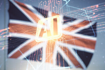 Aufkleber - Double exposure of creative artificial Intelligence icon on British flag and blue sky background. Neural networks and machine learning concept