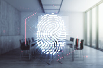 Aufkleber - Double exposure of virtual creative fingerprint hologram on a modern meeting room background, research and development concept