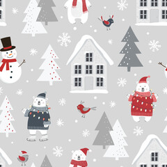 Wall Mural - Christmas seamless pattern with polar bear, snowman, snowy house, christmas tree and snowflakes. Flat style.