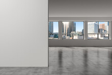 Downtown Los Angeles City Skyline Buildings From High Rise Window. Beautiful Expensive Real Estate Overlooking. Empty Room Interior. Mockup Wall. Skyscrapers Cityscape. Day. California. 3d Rendering.